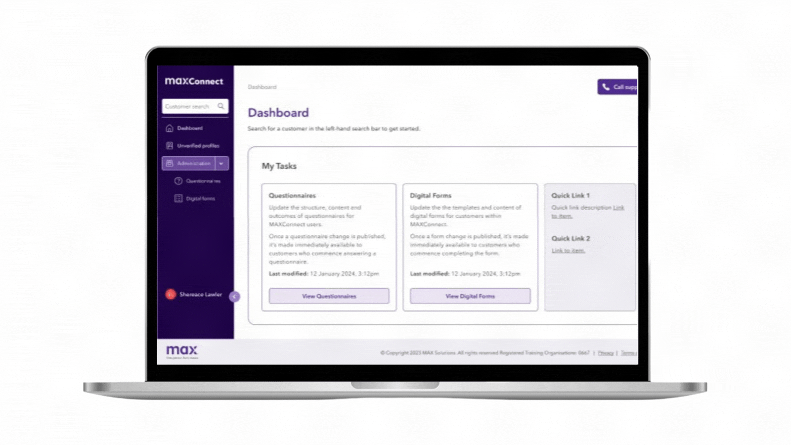 MAXConnect platform experience displayed on laptop screen