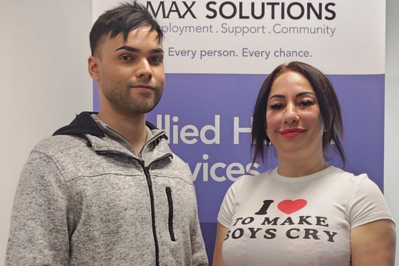 Amnah enhanced her digital literacy skills with MAX. Pictured here with her Job Coach Alvi.