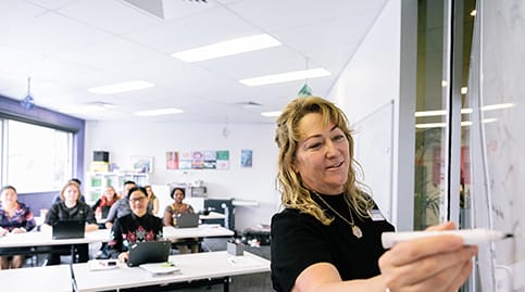 English tutor teaching language skills to a classroom